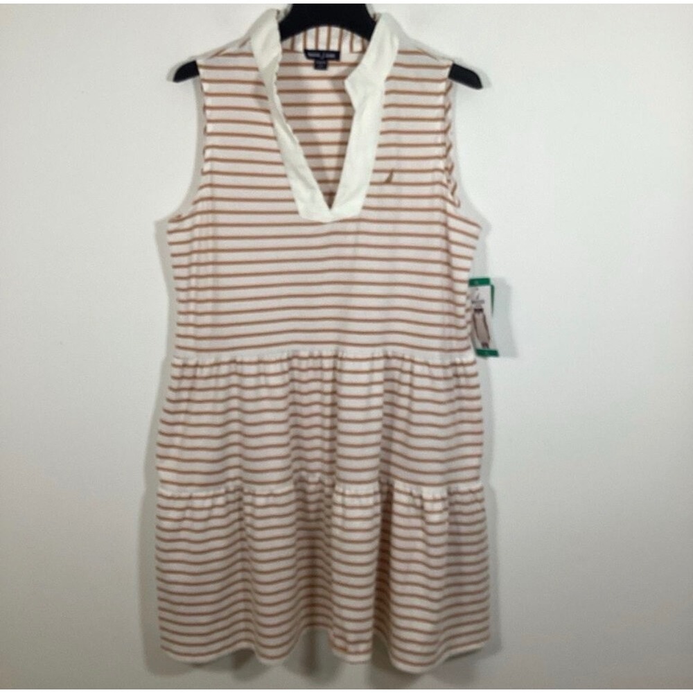 NAUTICA Tiered‎ Ruffle Mini Dress XL Almonr Ivory Striped Sleeveless Pockets NWT